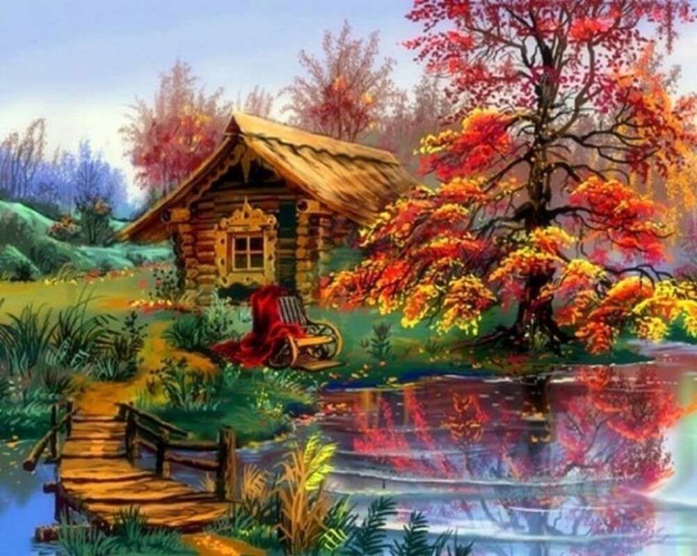 Pěkná malá chata na podzim. skládačky online