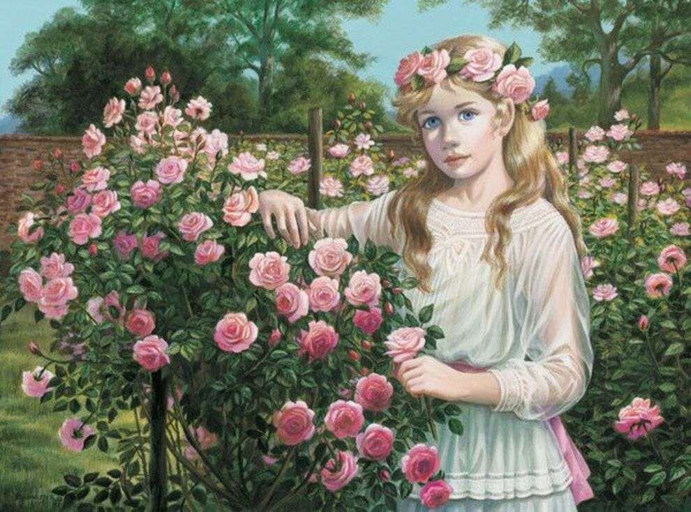 Младо момиче близо до розов храст. онлайн пъзел