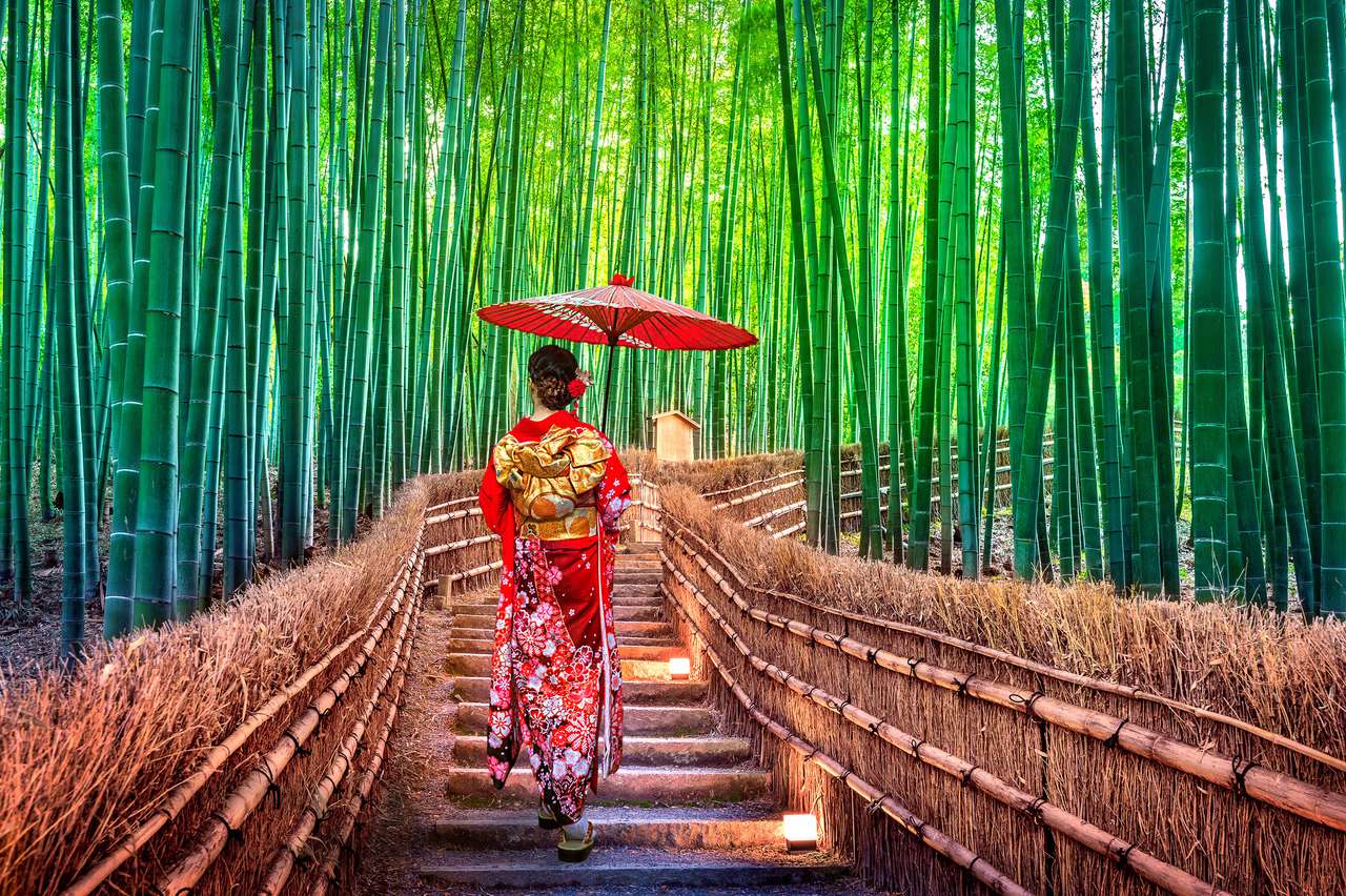 Γυναίκα που φορά το παραδοσιακό κιμονό στο δάσος μπαμπού παζλ online