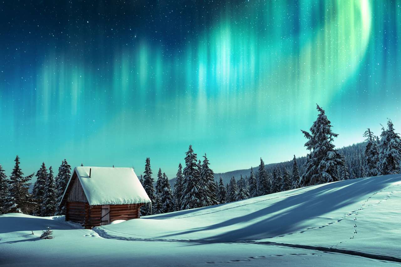 Peisaj fantastic de iarnă cu casă din lemn puzzle online