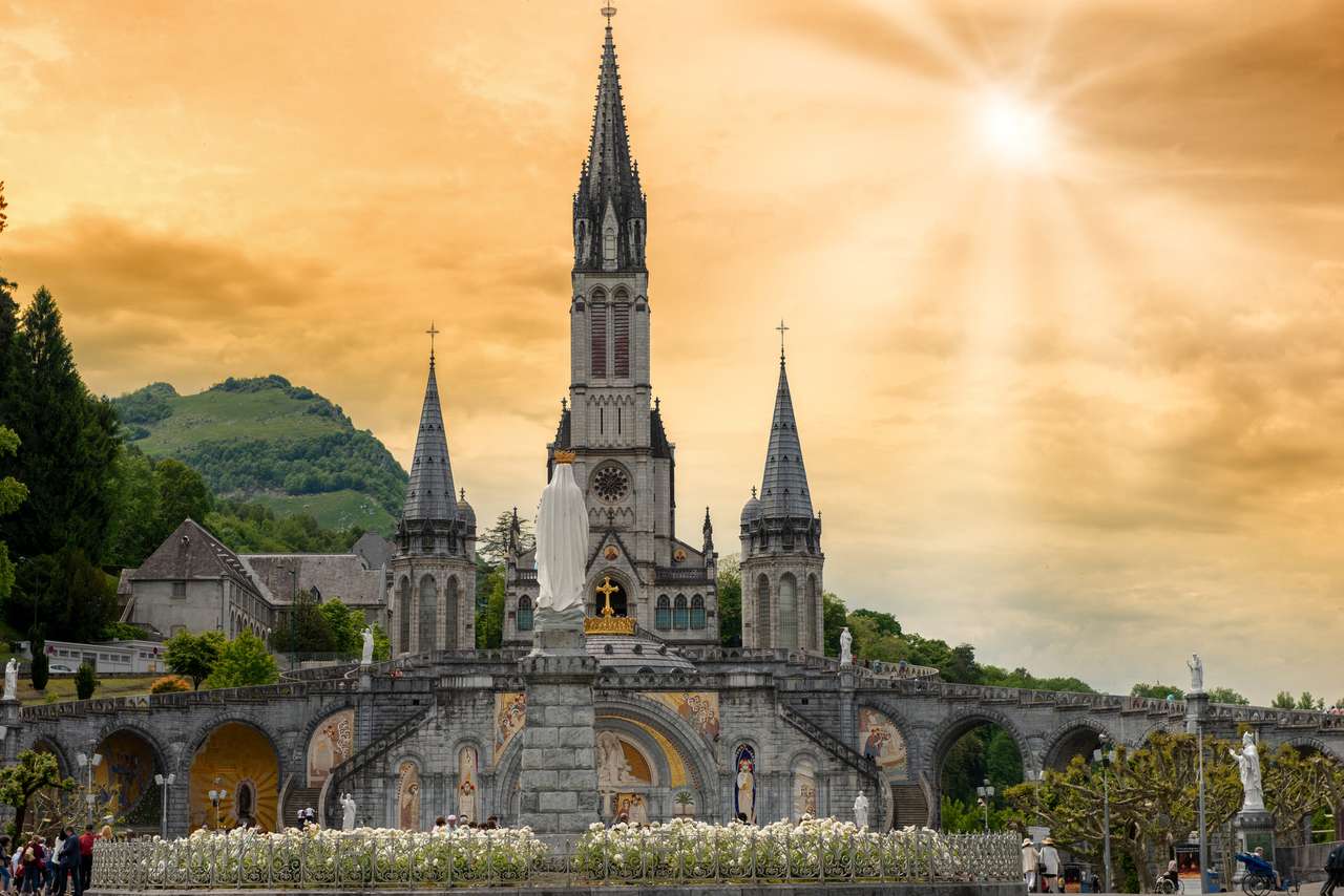 Vy över basilikan i Lourdes stad i Frankrike pussel på nätet