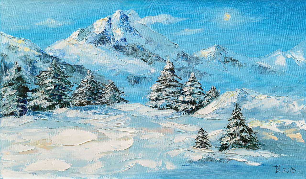 トウヒと冬の山の風景 オンラインパズル