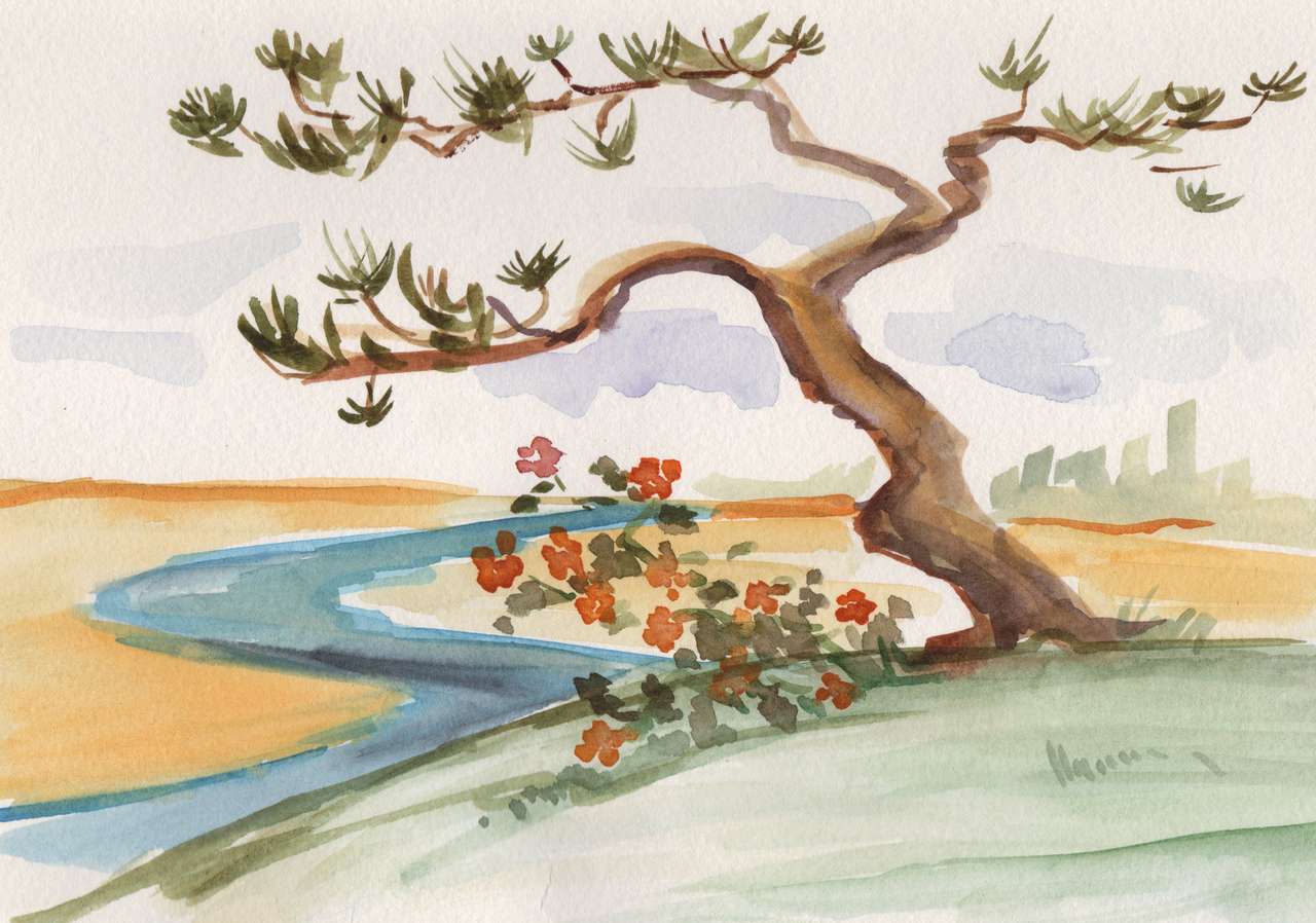 Pintura de lavado de tinta, pino solitario cerca del río rompecabezas en línea