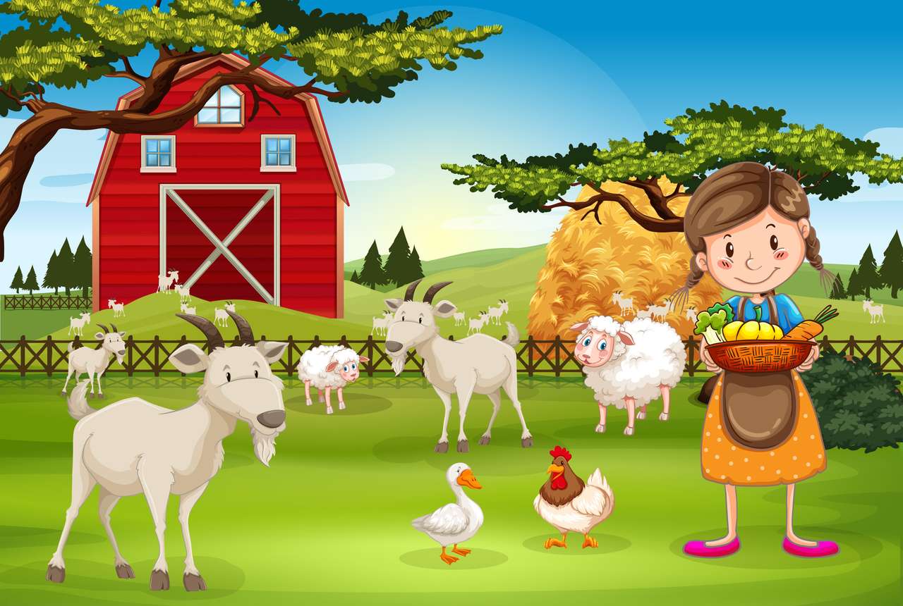 Bauer, der auf dem Bauernhof mit Tieren arbeitet Puzzlespiel online