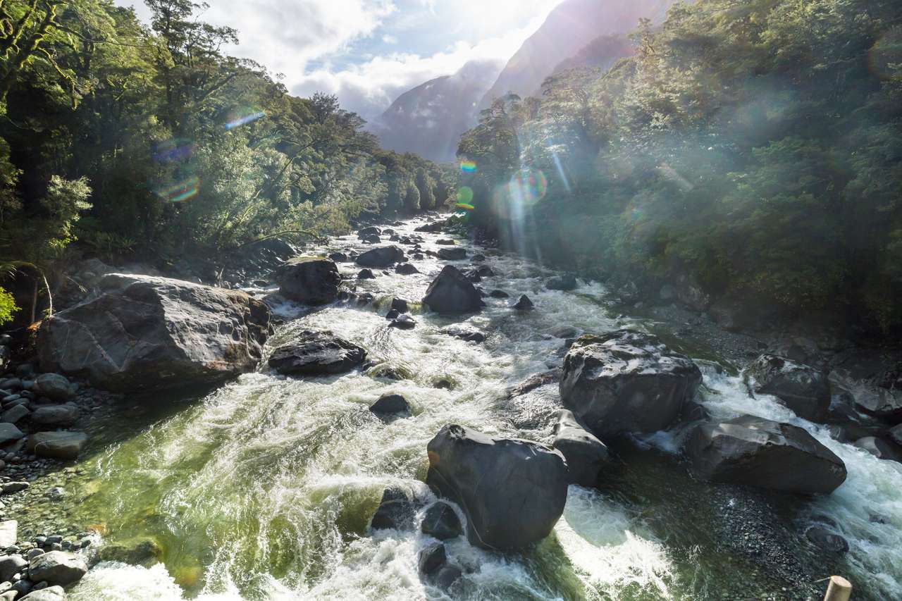 Nya Zeelands flod i dalen, vackra bergslandskap pussel på nätet