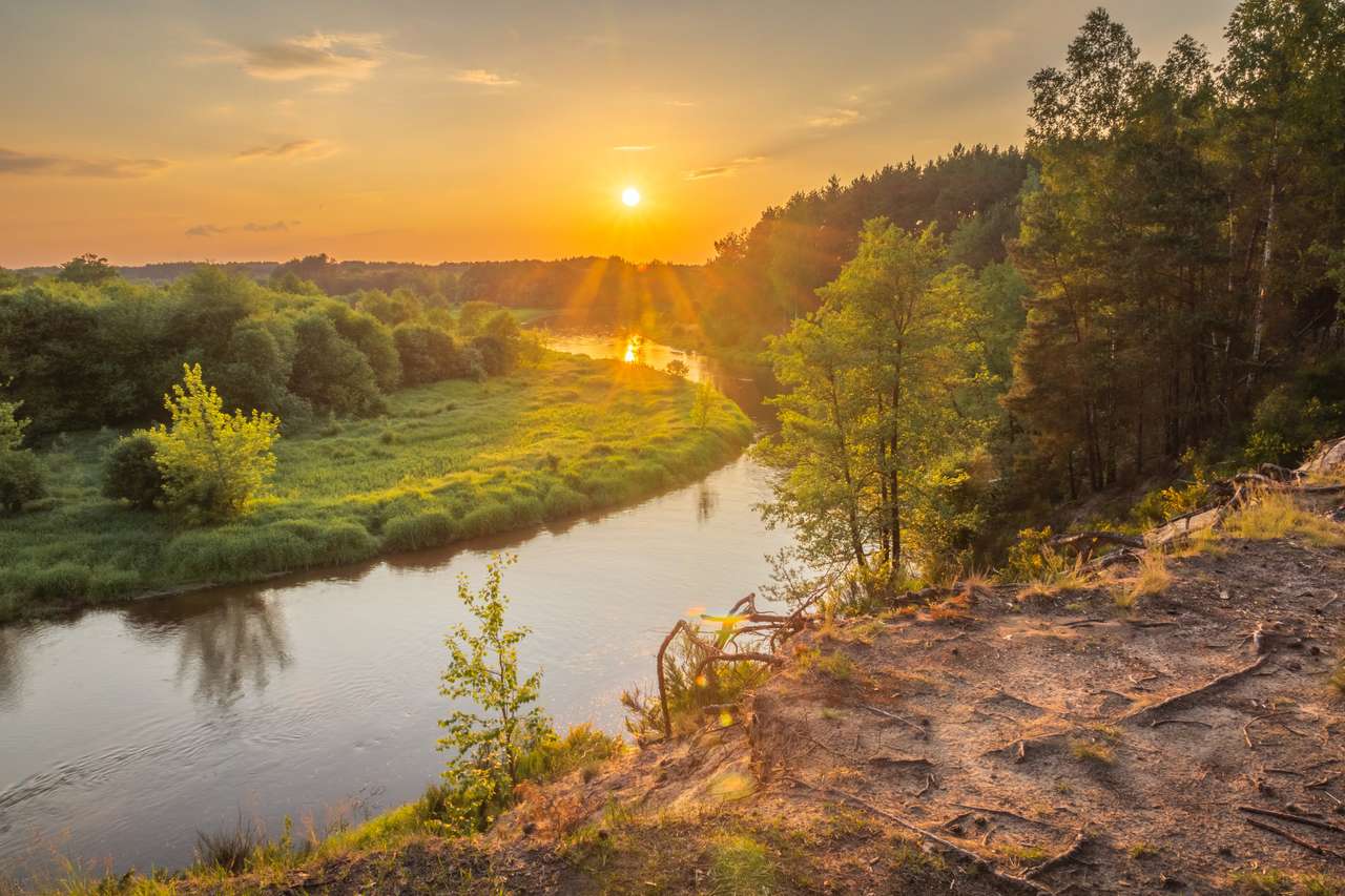 Закат над рекой Пилица недалеко от Сулейова, Лодзинское воеводство, Польша пазл онлайн