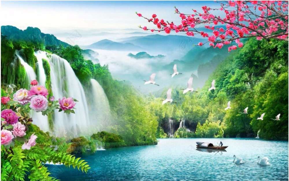 Lago, cascata in montagna puzzle online