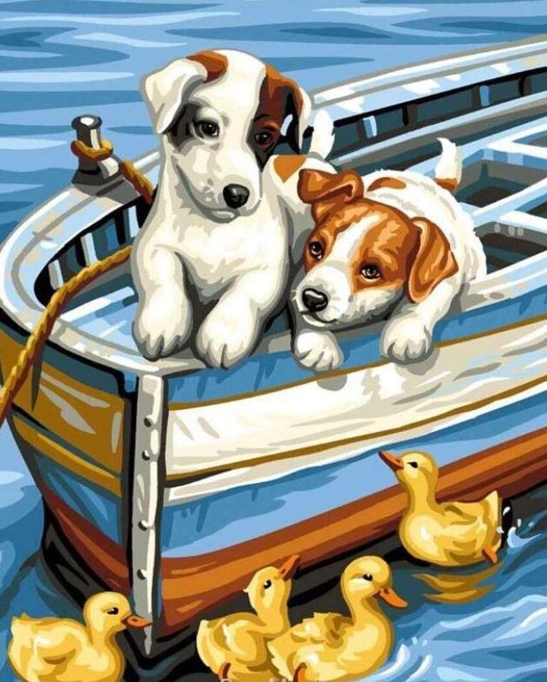 Маленькие щенки в лодке (холст MC) пазл онлайн