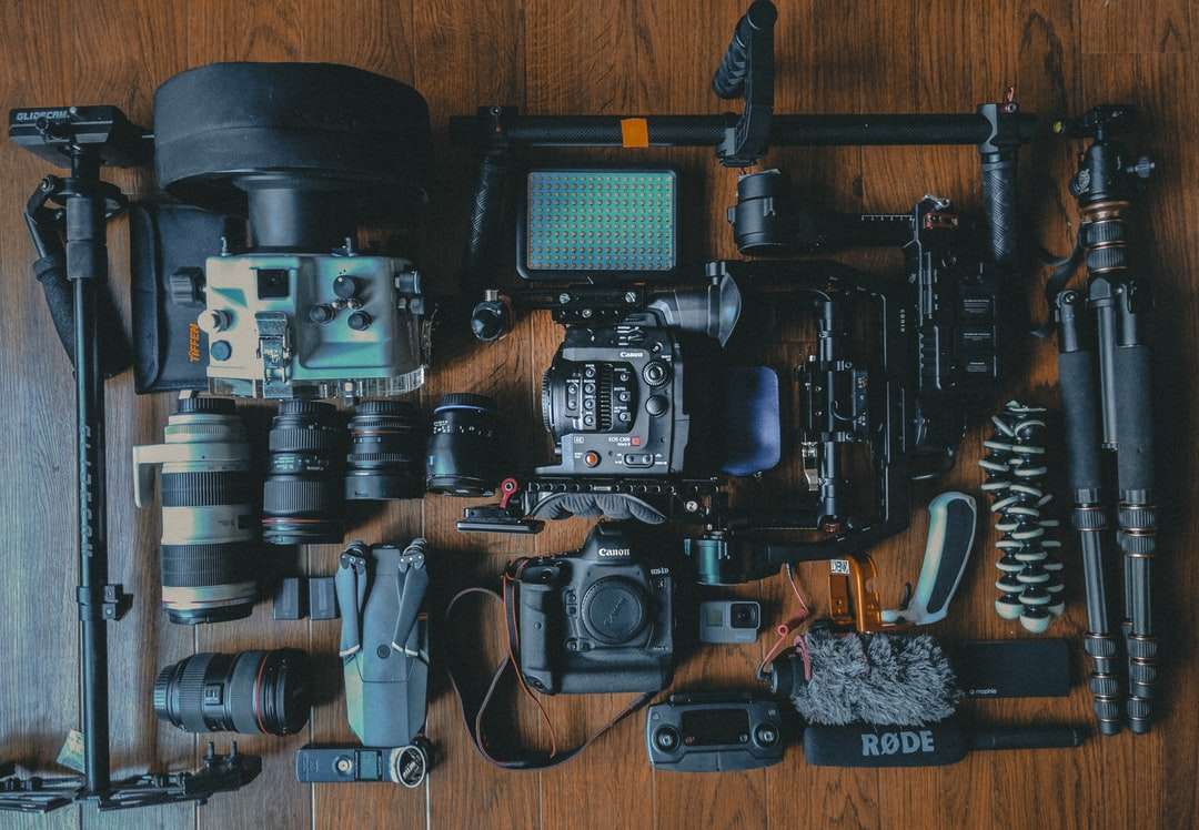 Fotografía plana de cámaras y equipos de cámara. rompecabezas en línea