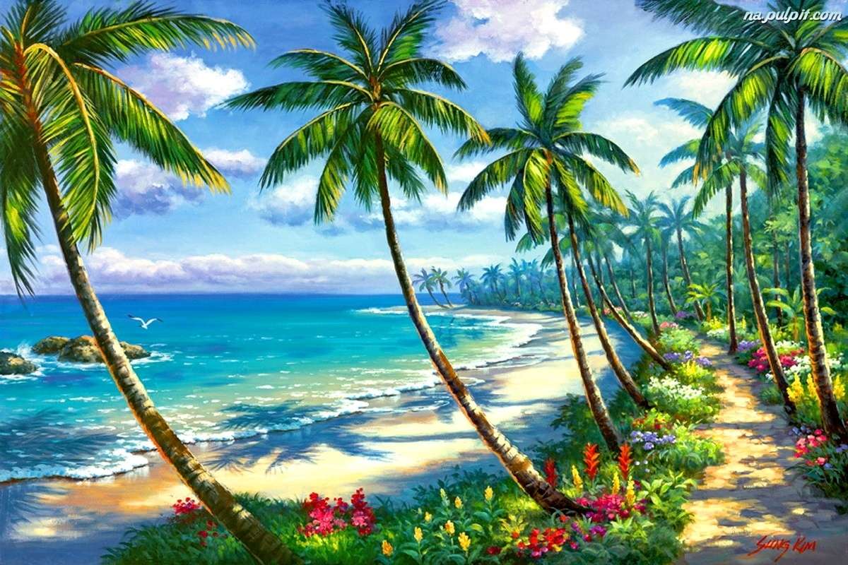 Plajă, palmieri, mare jigsaw puzzle online