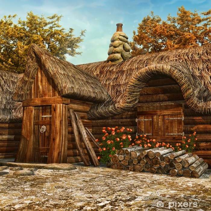 Een houten hut met een rieten dak legpuzzel online