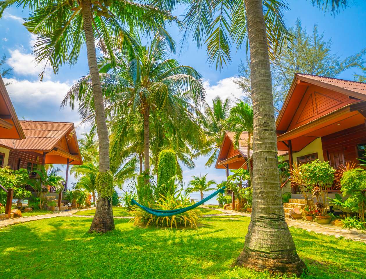 Hammock between two palm trees on the beach jigsaw puzzle online