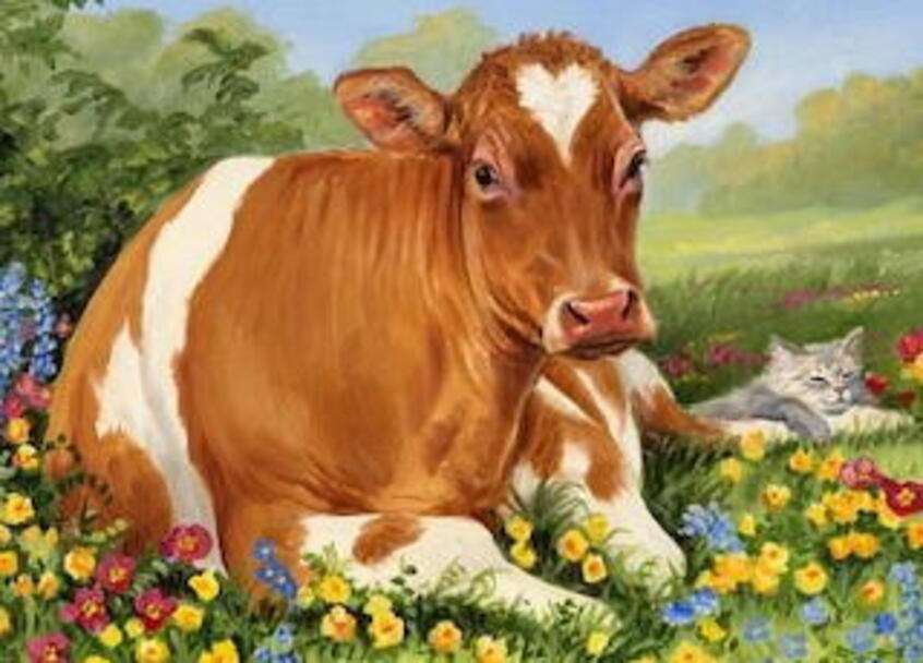 Kráva mezi květinami skládačky online