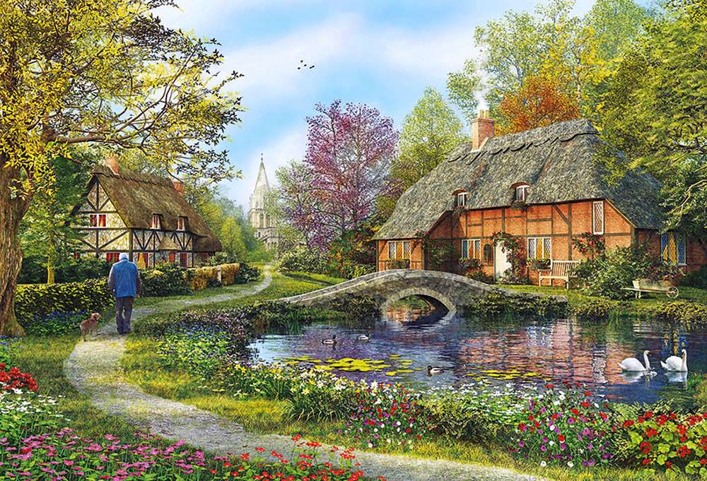Una casa di campagna in riva al fiume con un ponte puzzle online