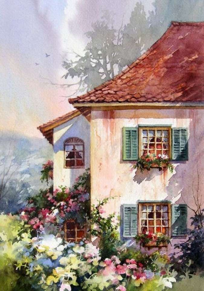 Hus på landsbygden, med gröna fönsterluckor. Pussel online