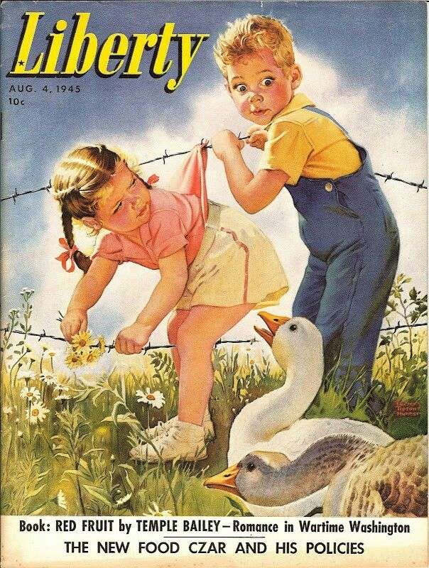 Girl and boy frightened by a goose online puzzle