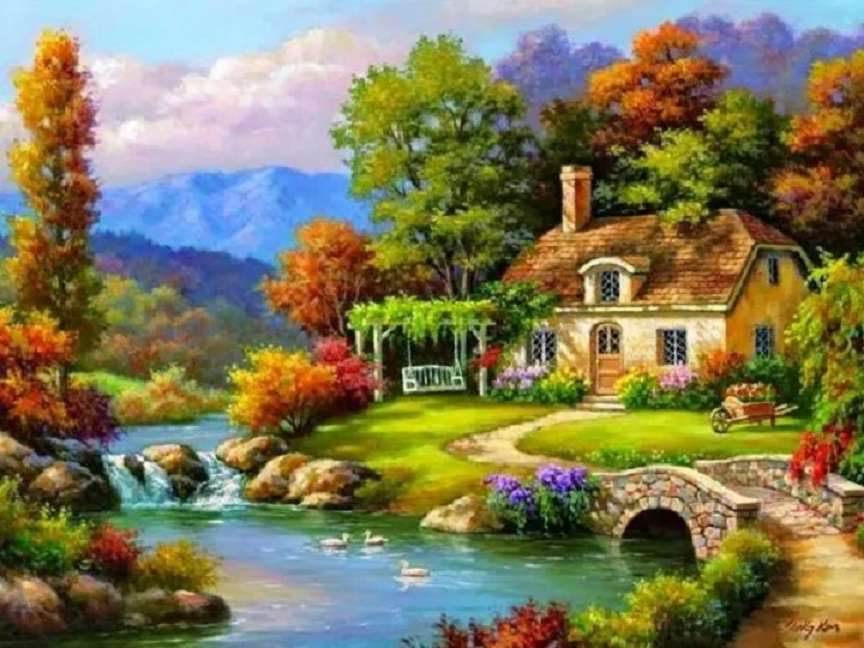 Idyllic thatched cottage by the river online puzzle