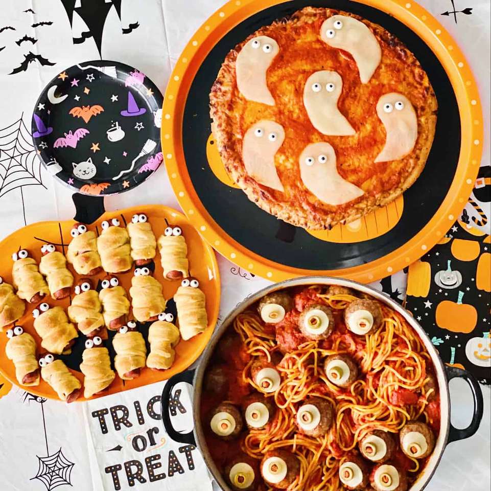 Halloween-pizza, spaghetti en mummies online puzzel