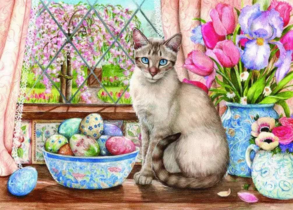 Сиамска котка, сини очи, блести на Великден онлайн пъзел
