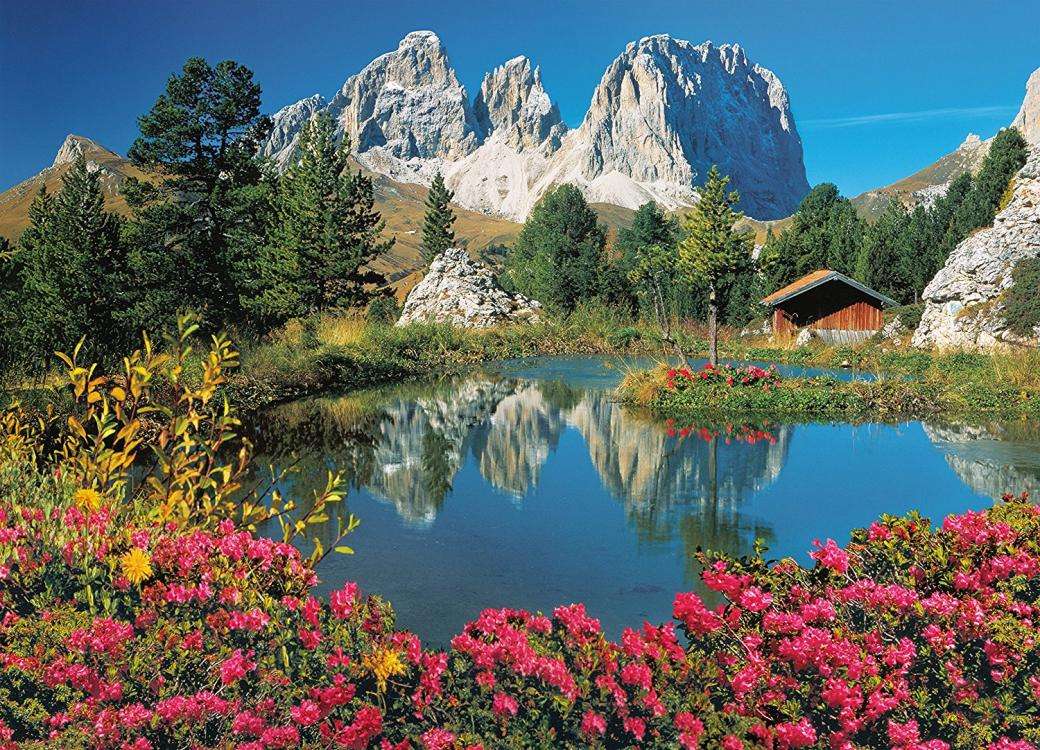 Paisaje de montaña con un lago y un prado florido rompecabezas en línea