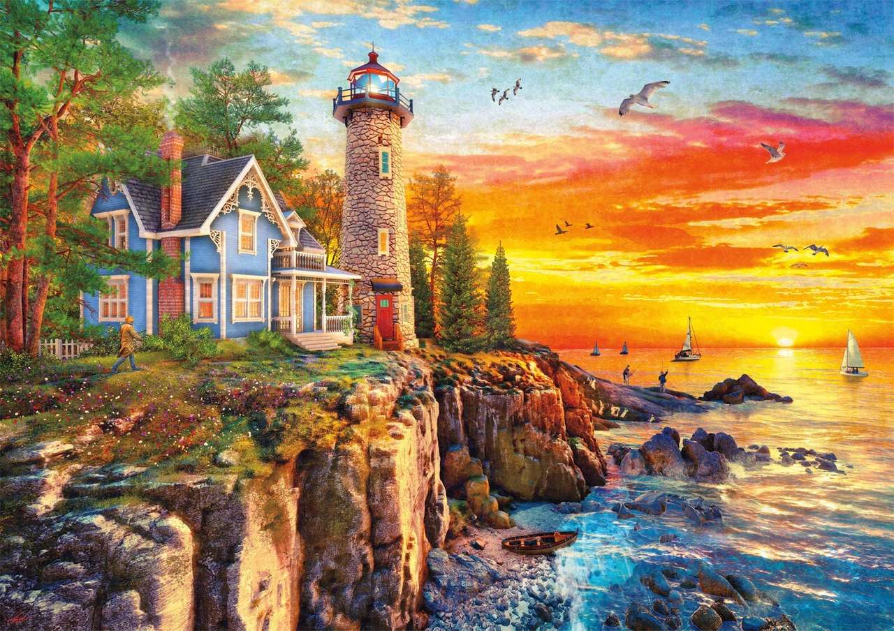 Haus und Leuchtturm an der Küste Puzzlespiel online