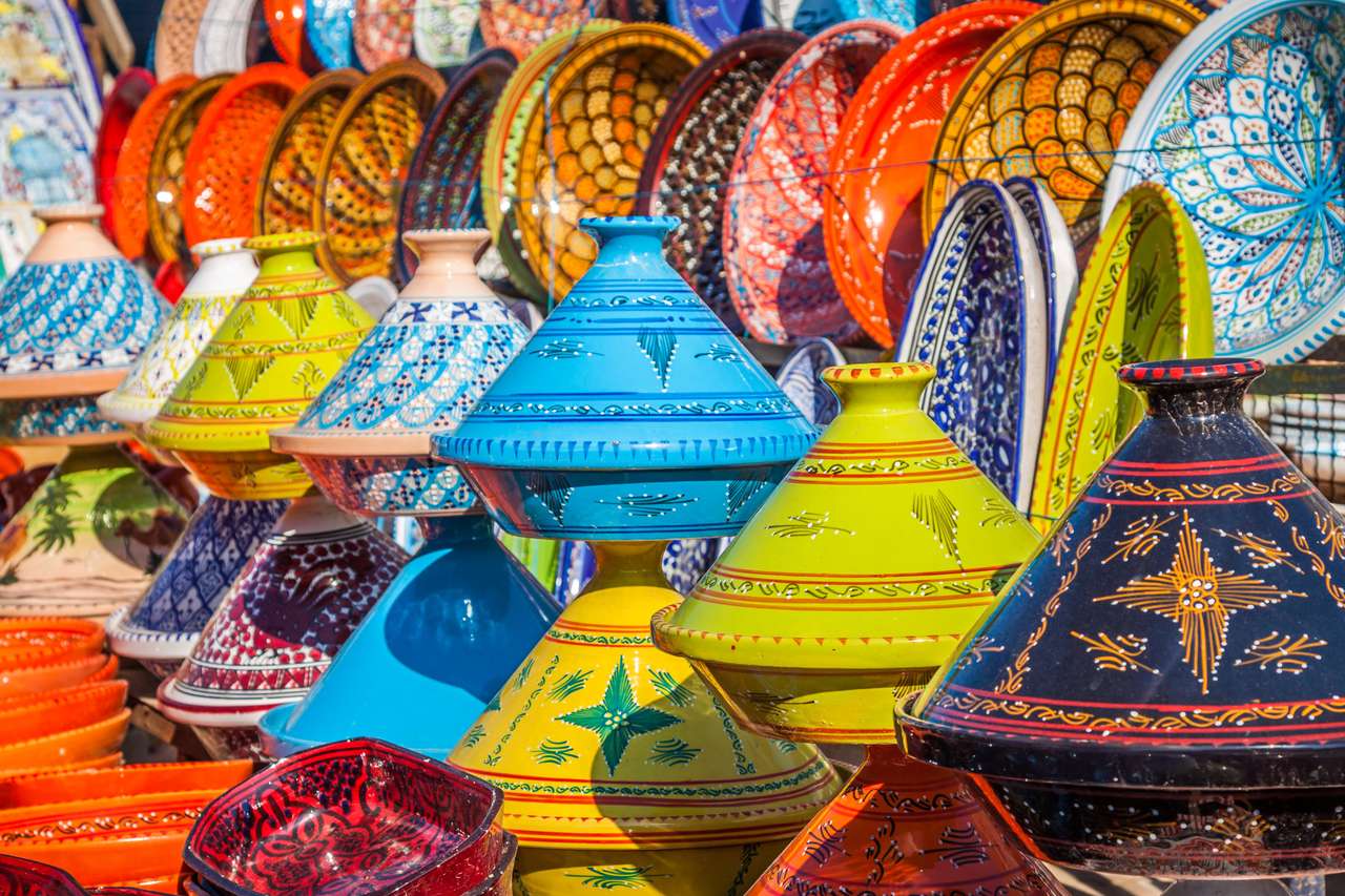 Tajines på marknaden, Marrakech, Marocko Pussel online