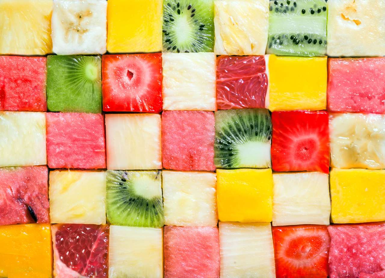 Coloridas frutas tropicales frescas cortadas en cubitos rompecabezas en línea