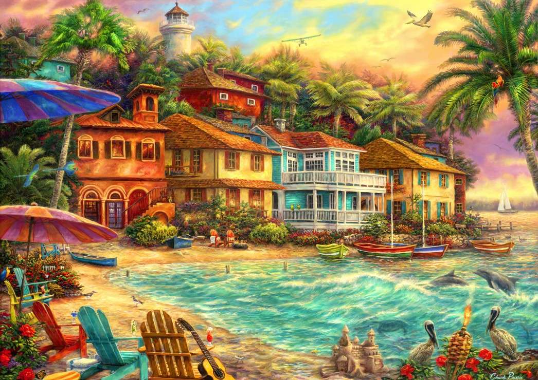 Een baai met huizen in de tropen in de zomer online puzzel