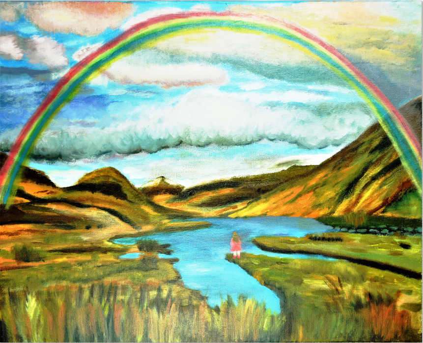Een waterverftekening van een regenboogvallei tussen bergen, meer online puzzel