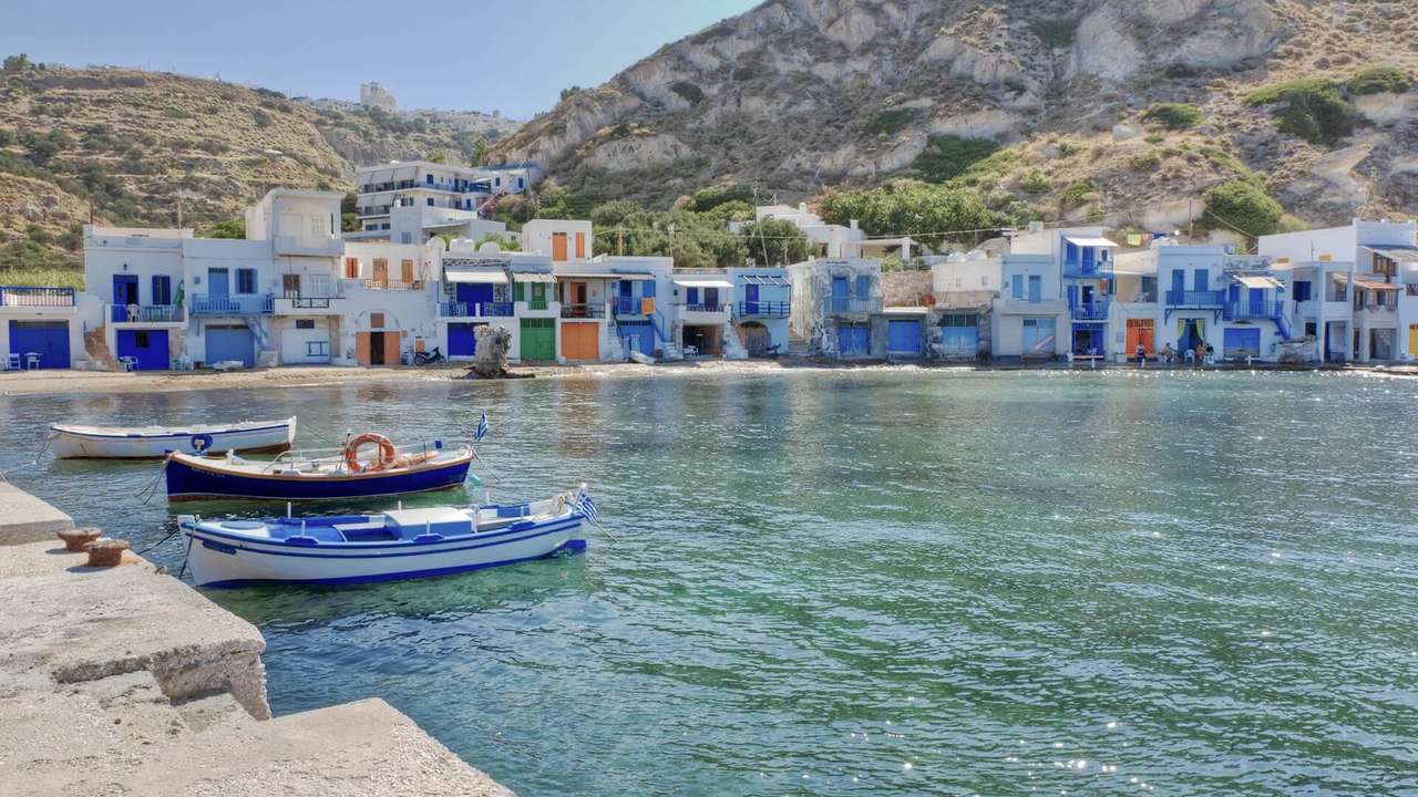 Klima sjöbodar på ön Milos Grekland pussel på nätet