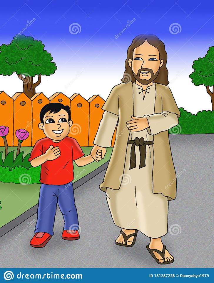 Ο Ιησούς περπατά με το παιδί online παζλ