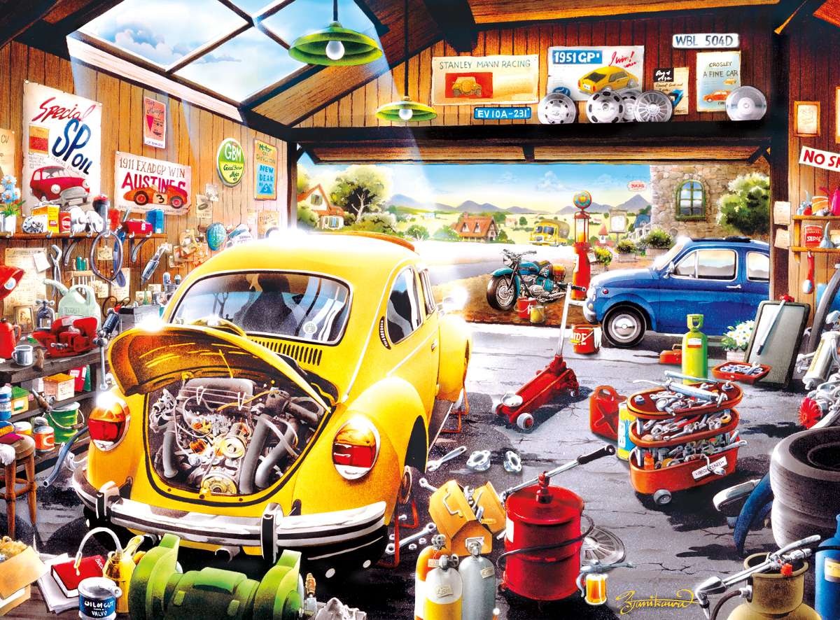 Autowerkstatt mit Fahrzeugen Puzzlespiel online