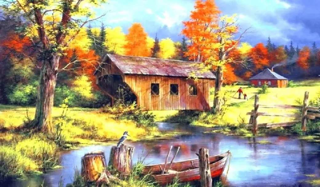 Ma cabane au Canada II : pont couvert en automne puzzle en ligne