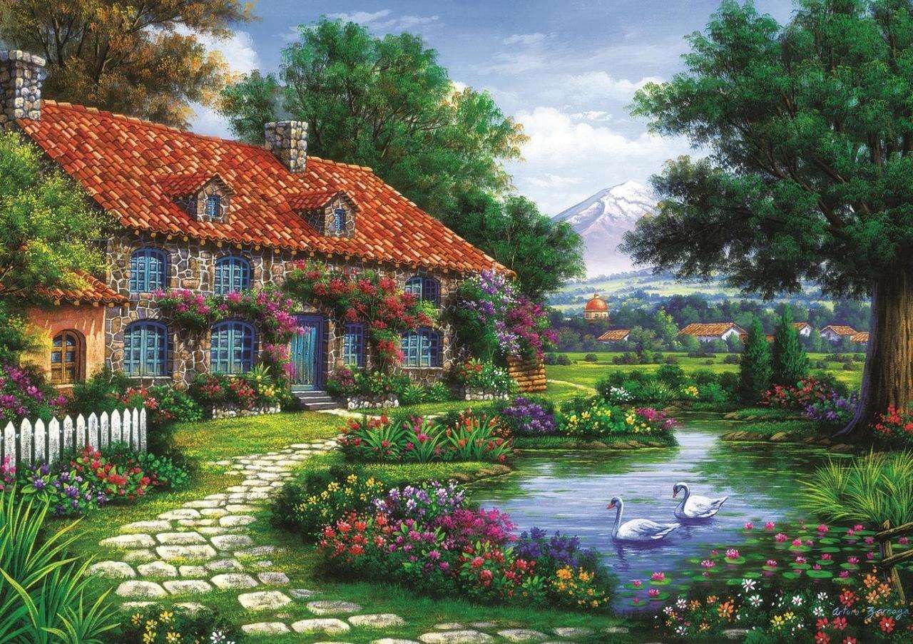 Una casa junto al río llena de flores. rompecabezas en línea