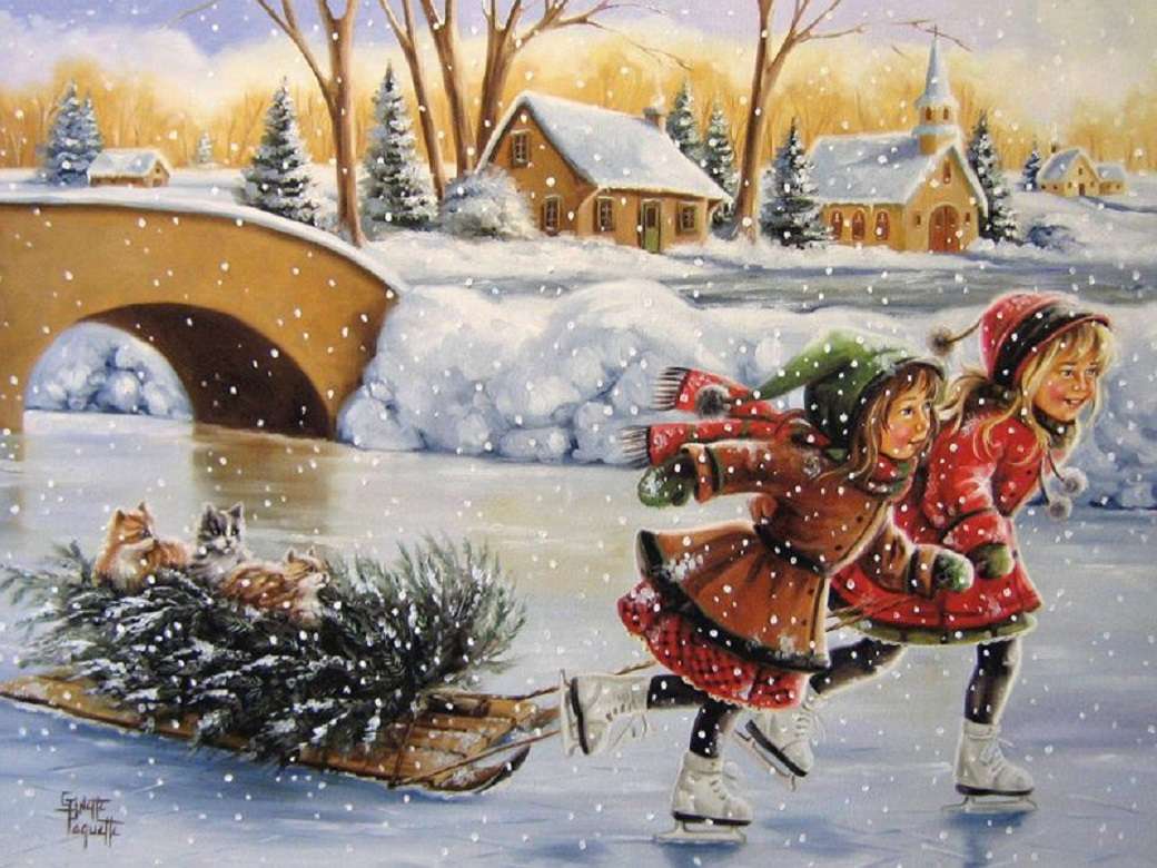 Коледна магия: дърво, шейна, коте ... да тръгваме! онлайн пъзел
