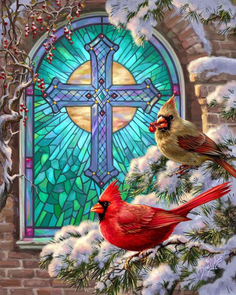 Християнський хрест і червоний кардинал птах онлайн пазл