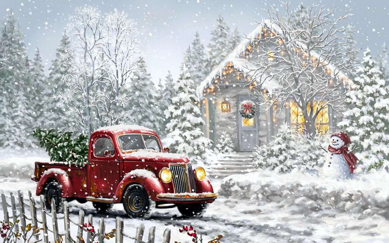 Weihnachtszauber im Schnee: ein roter Pick-up... Puzzlespiel online