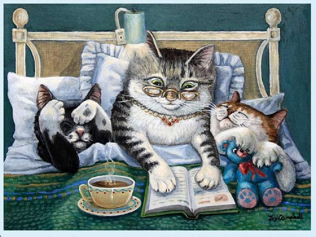 Βραδινό διάβασμα στην οικογένεια της γάτας online παζλ
