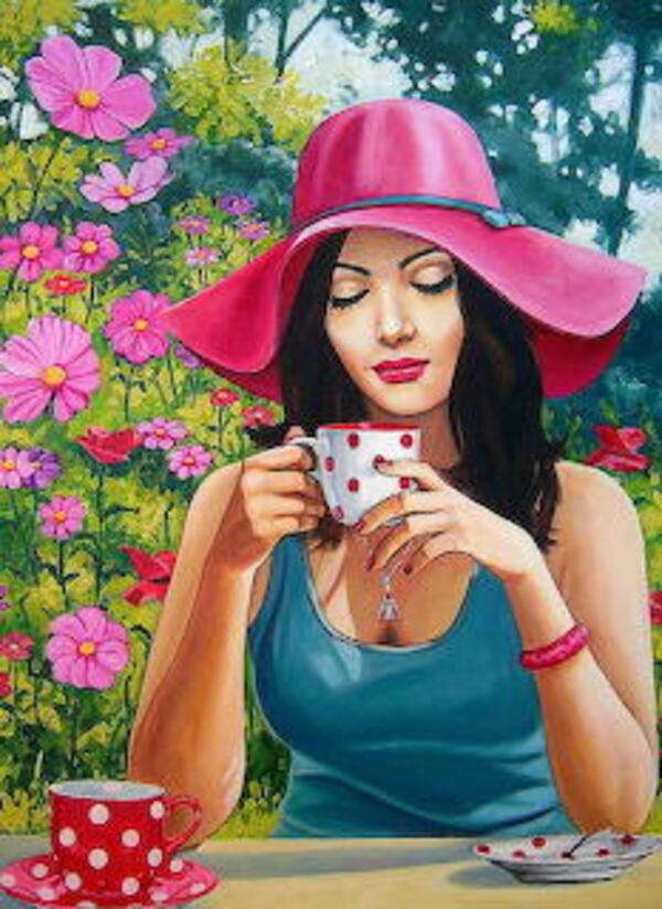Woman drinking coffee in garden jigsaw puzzle online
