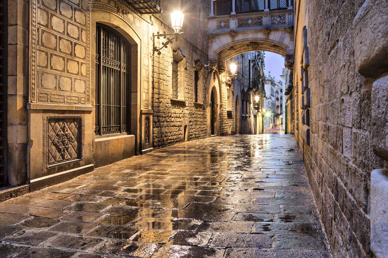 Smalle straat Carrer del Bisbe, Barcelona, ​​Spanje online puzzel