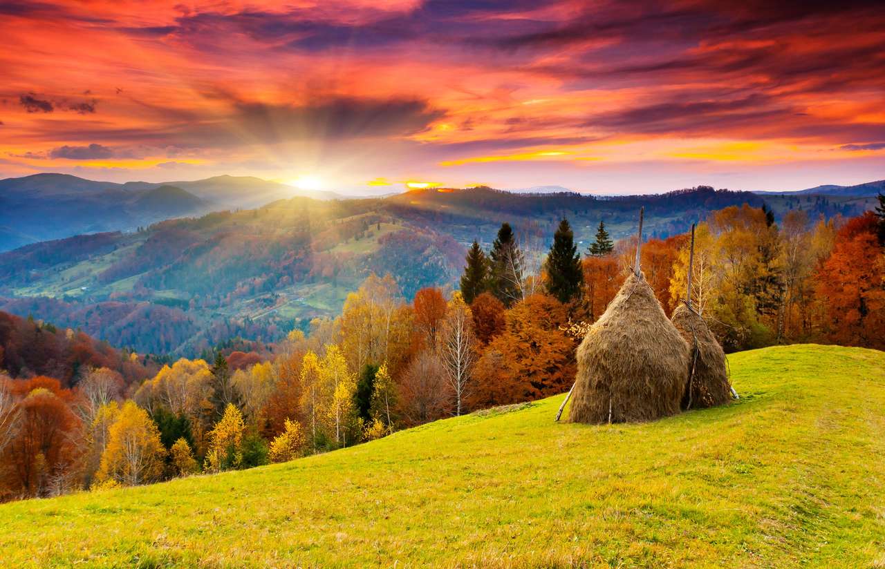 το ορεινό φθινοπωρινό τοπίο με το πολύχρωμο δάσος online παζλ