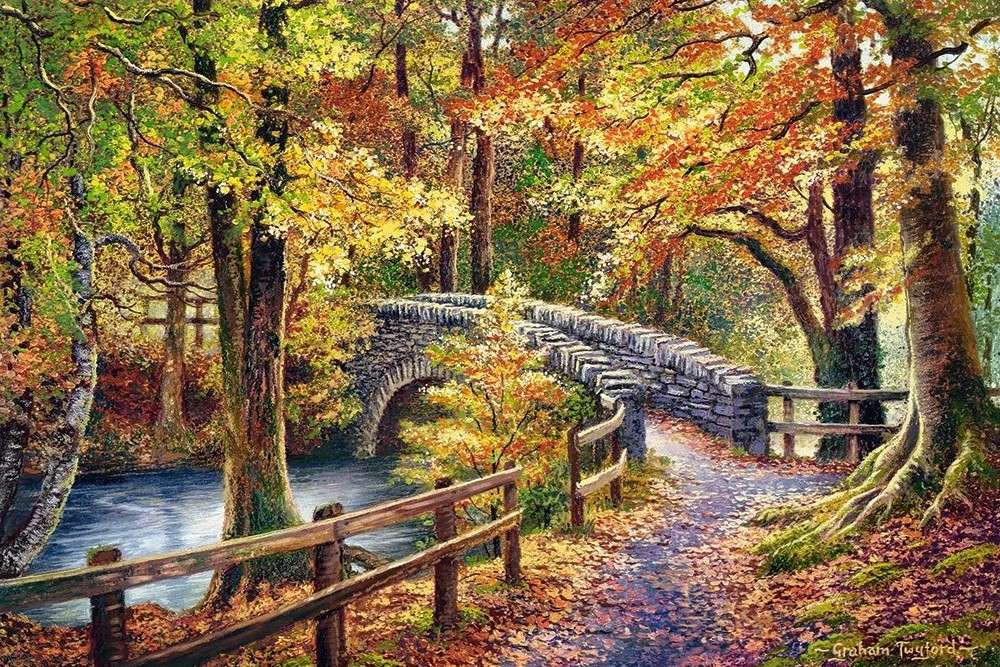 Een bos met een rivier en een brug in de herfst legpuzzel online