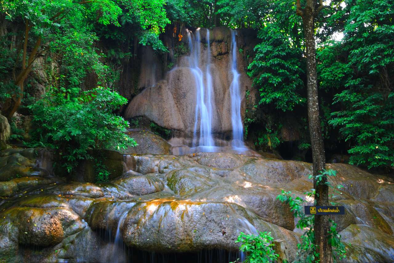 красив водопад и зелени листа Прави усещането за свежест онлайн пъзел