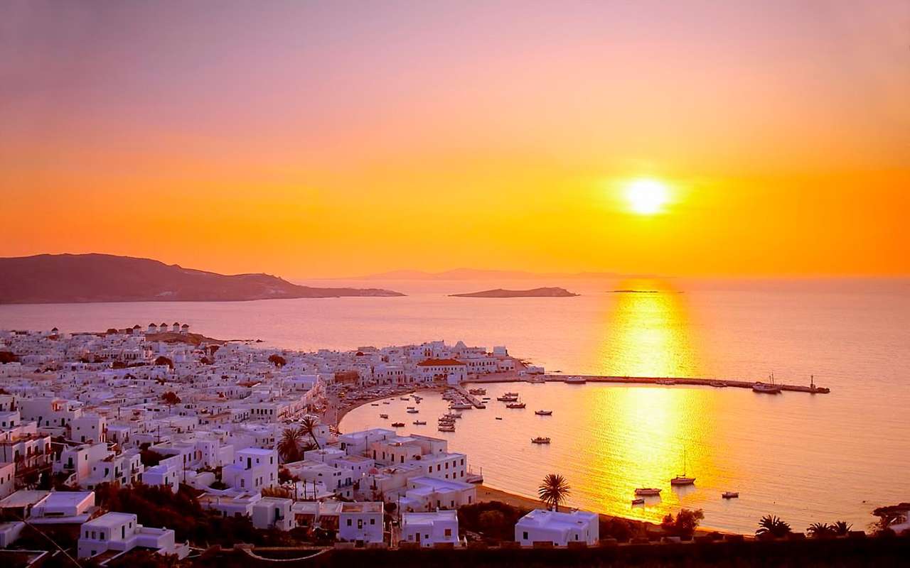 Ilha grega Mykonos pôr do sol quebra-cabeças online
