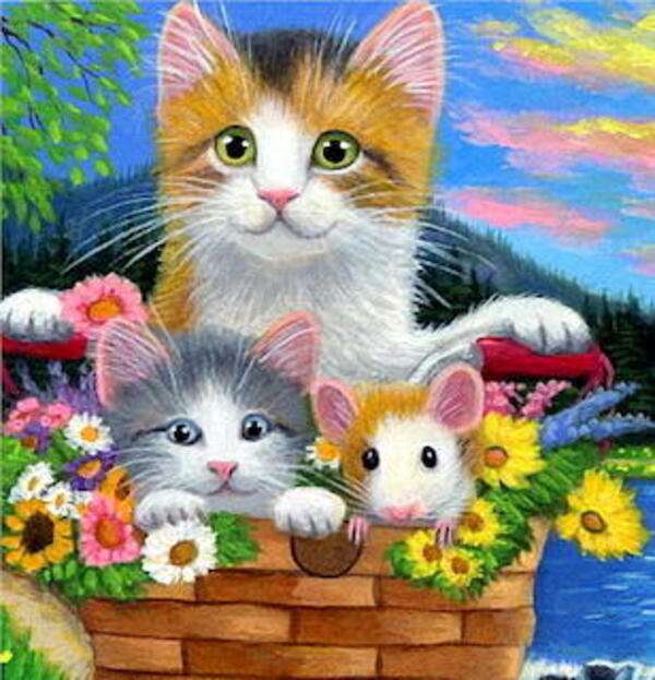 Kittens en muis in mand legpuzzel online