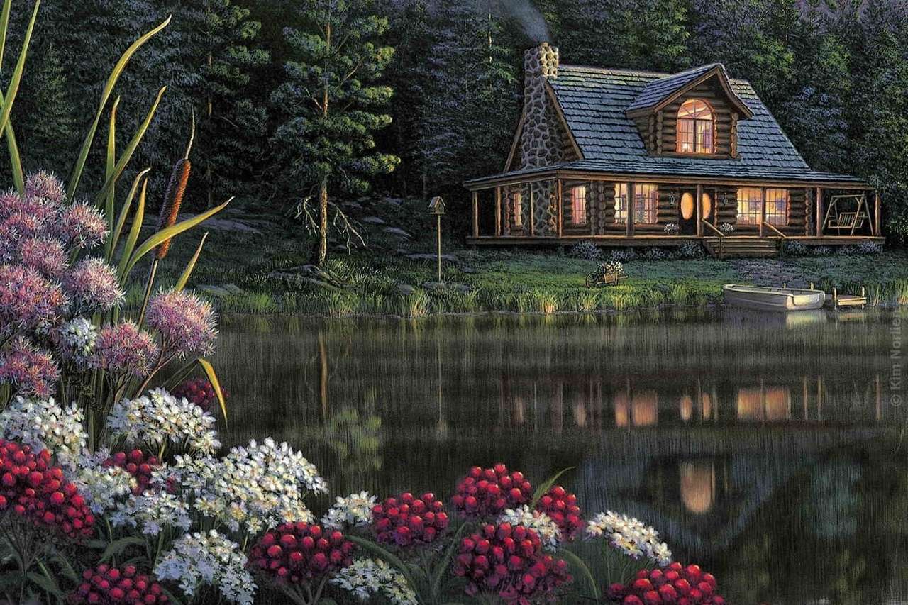 Hus vid sjön på kvällen Pussel online