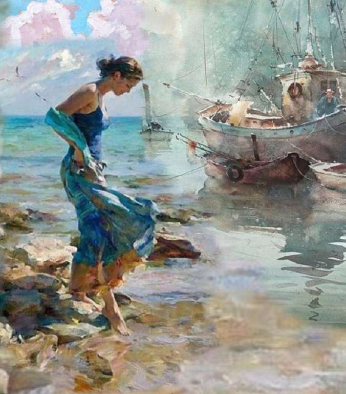 Marine - Jeune femme en bord de mer puzzle en ligne