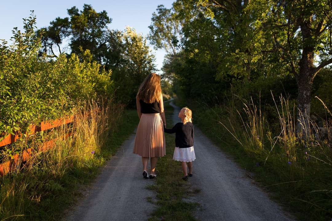 femeie și fată mergând pe drum înconjurat de iarbă verde puzzle online