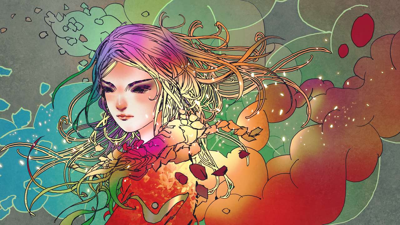 Retrato da linda garota em fumaça colorida puzzle online