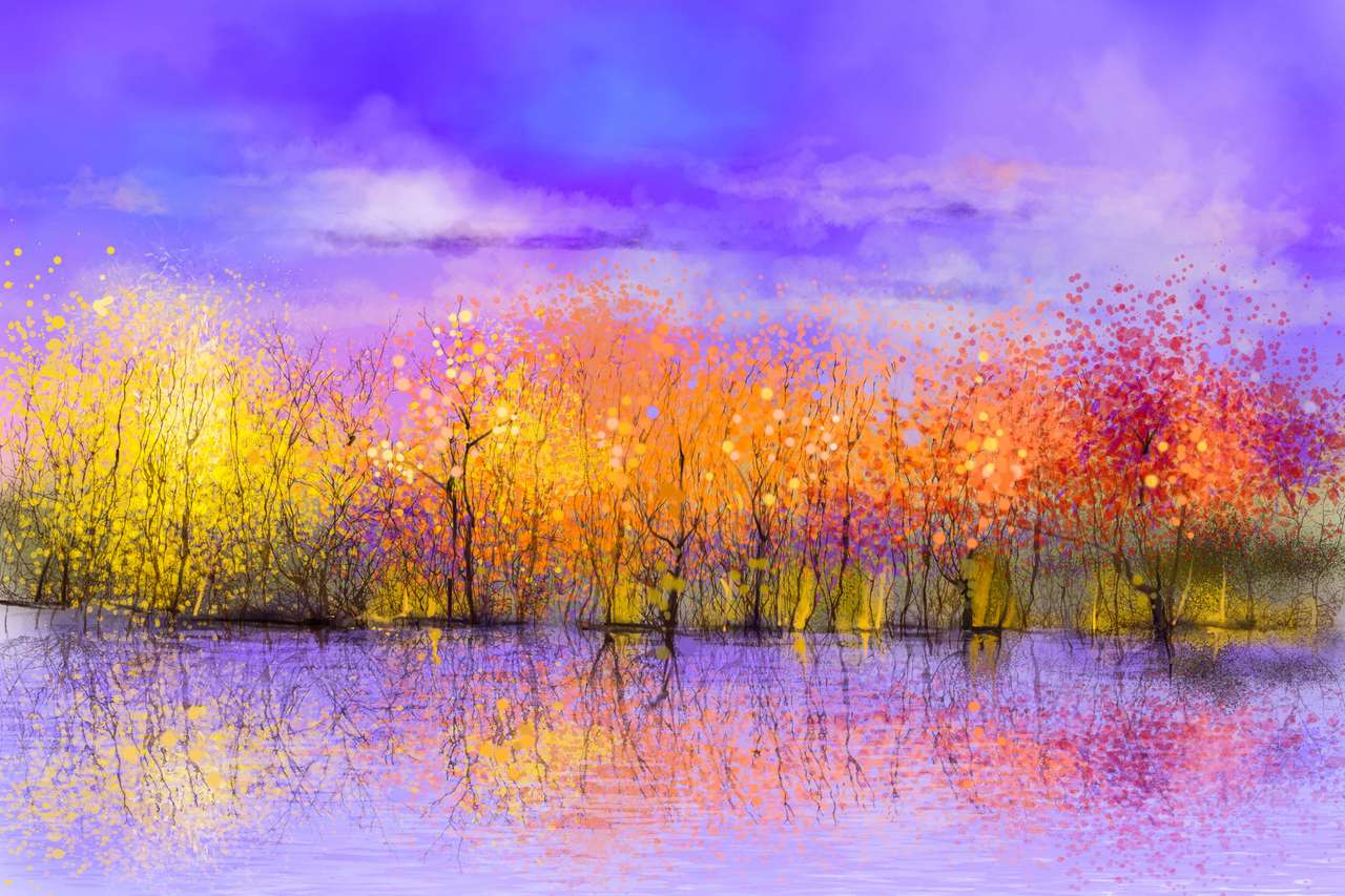 Landschap met olieverfschilderij - kleurrijke herfstbomen online puzzel